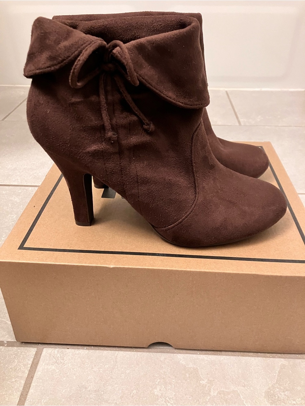 R2 Brown Suede Fold-Over Ankle Booties with Tie